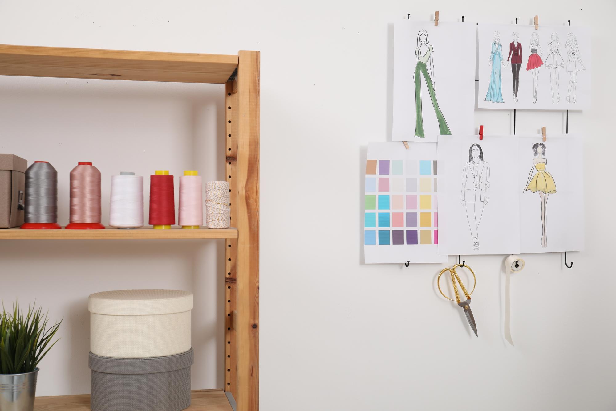 Workshop interior with embroidery samples